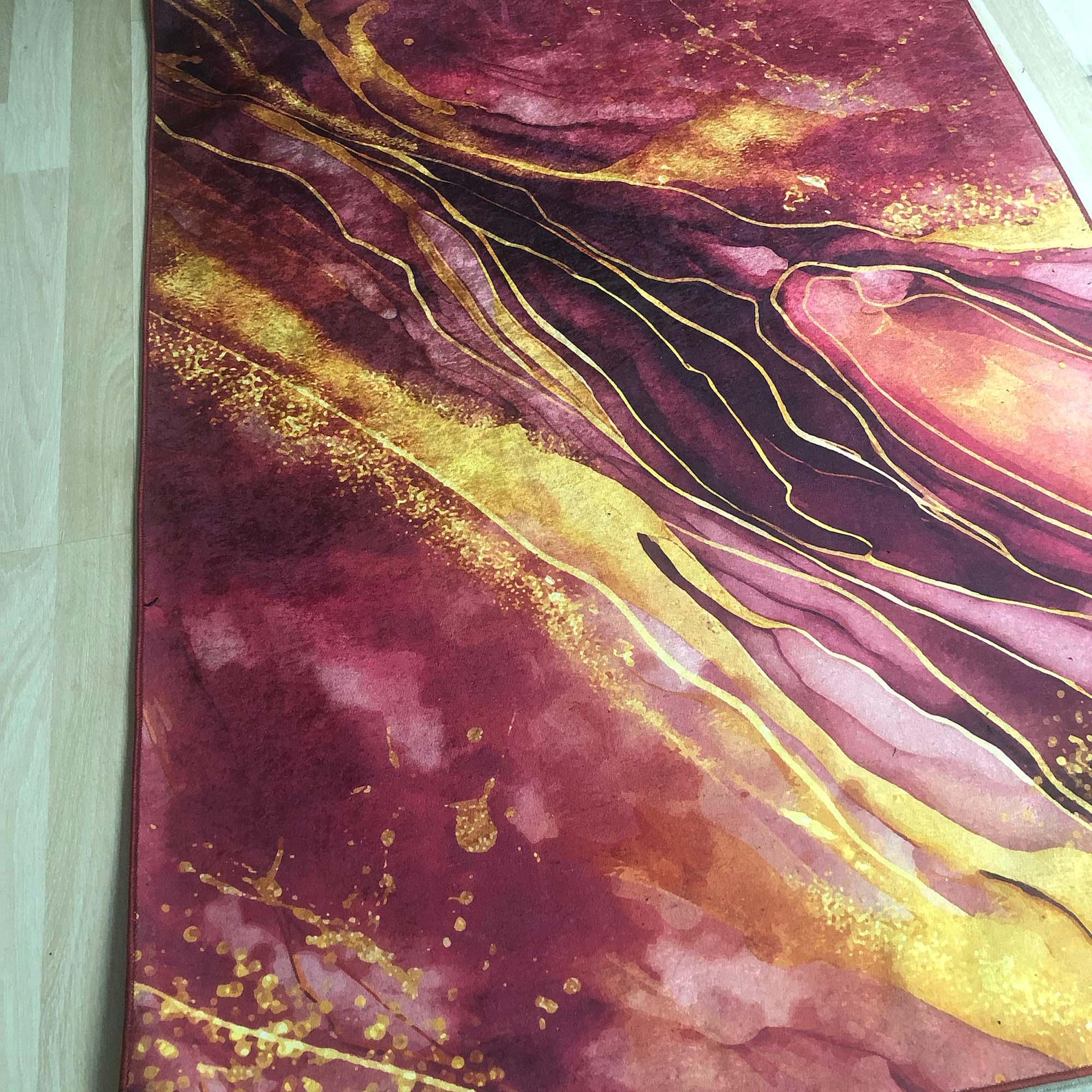 Luxurious Rug, Marble Effect Carpet, Wine Red and Gold Design ...