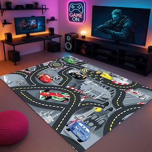 Race Car Rug, Racing Track Rug, Kids Car Mat, Boys Play Rug, Speed Road Mat, Cartoon Car Rug, Toddler Racing Mat, Vehicle Play Rug, Fast Car