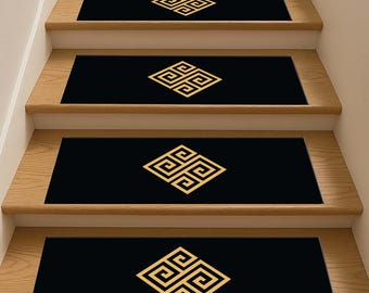 Luxury Stair Treads, Black Gold Stair Rug, Geometric Step Rugs,Modern Stair Mats,Art Deco Stair Decor,Non Slip Stair Pads,Stylish Runner Rug