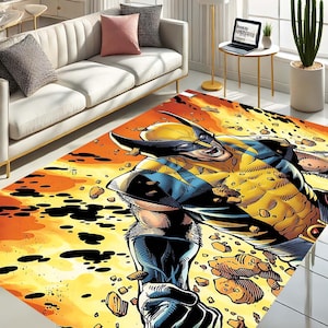 May include: A rectangular rug with a comic book illustration of Wolverine. The rug features a dynamic pose of the character in yellow and blue, set against an orange and fiery background. The rug is designed for a living room.