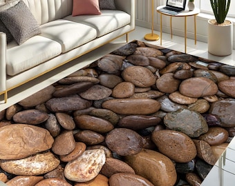 Pebble Patterned Carpet, Natural Stone Look Carpet, Rustic Style Floor, Decorative Carpet in Brown Tones, Warm and Stylish Home Accessory