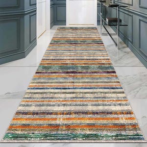 Colorful Hallway Runner, Vintage Striped Rug, Contemporary Rug, Boho Chic Corridor Mat, Washable Floor Cover, Long Area Rug, Soft Accent Rug
