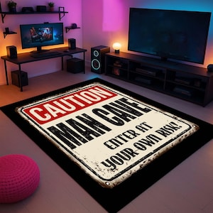 Man Cave Rug, Gamer Room Decor, Caution Sign Carpet, Funny Area Rug, Game Room Rug, Geek Gift Idea, Warning Sign Decor, Edgy Room Carpet