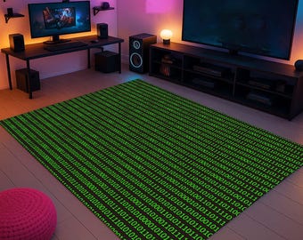Gamer Rug, Binary Carpet, Tech Style Rug, Matrix Rug, Geek Room Mat, Cyber Room Mat, Neon Gamer Rug, PC Room Decor, Code Style Mat