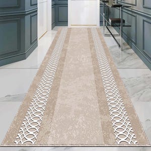 Modern Hallway Runner Rug, Beige Carpet, Elegant Long Area Rug, Minimalist Corridor Decor, Washable Soft Runner, Contemporary Entryway Mat