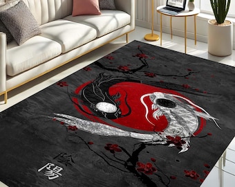 Yin Yang, Koi Fish,  Japanese Art, Minimalist, Red Black, Cherry Blossom, Oriental, Home Decor Rug Design, Nature Stylish, Feng Shui