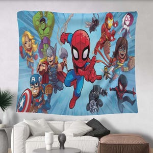 Superheld wandtapijt, held, stripboek wanddecoratie, kinderkamer held kunst, muurdeken Spidey, wandtapijt actieheld, wanddecoratie cartoon held