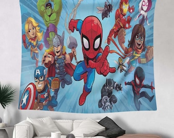Tapiz de superhéroe, decoración de pared de cómic, arte de héroe para habitación infantil, manta de pared de Spidey, tapiz de héroe de acción, decoración de pared de héroe de dibujos animados