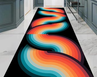 Retro Runner Rug, Wavy Hallway Rug, Abstract Floor Mat, Mid Century Rug, Long Area Rug, Vintage Style Rug, Trendy Home Decor, 70s Style Rug