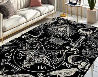 Tapete de Ocultismo, Tapete de Decoração Gótica, Magia Negra, Tapete de Bruxa, Tapete do Olho Que Tudo Vê, Tapete de Bafomé, Tapete com Símbolos da Alquimia, Tapete de Arte Mística