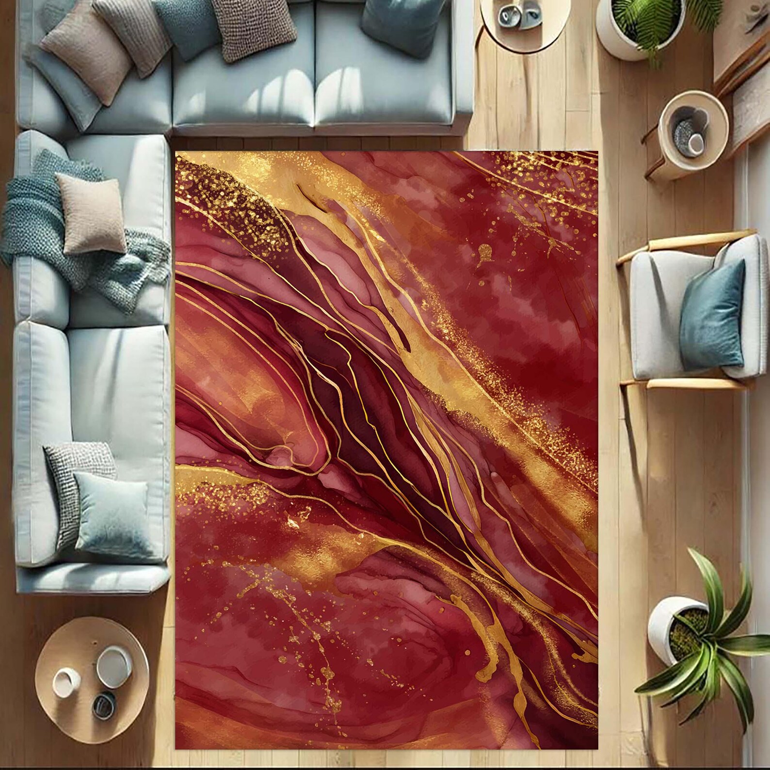 Luxurious Rug, Marble Effect Carpet, Wine Red and Gold Design ...