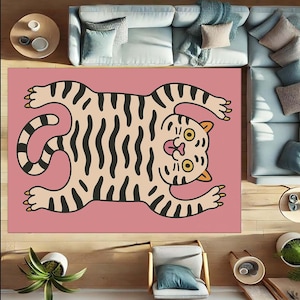 Alfombra de gato divertida, alfombra de tigre rosa, decoración de animales adorables, arte felino peculiar, alfombra de gatito juguetón, gato de dibujos animados, decoración caprichosa, idea de regalo única