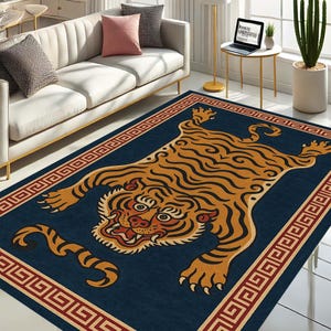 Tiger Rug, Tibetan Rug, Boho Floor Mat, Oriental Carpet, Tiger Art Zen Rug, Asian Decor, Sacred Beast Rug, Woven Tiger Mat, Mythical Rug