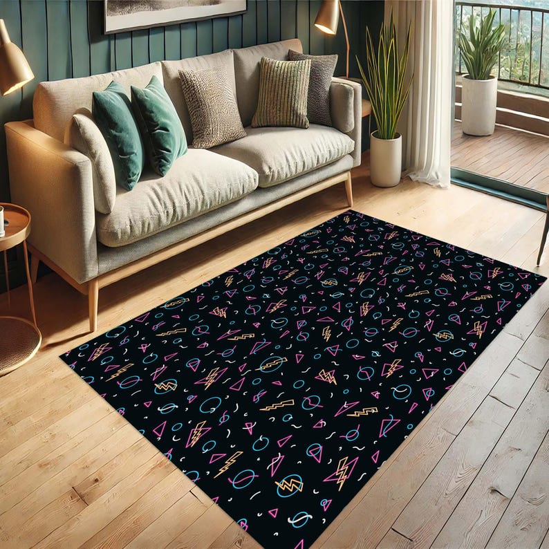 Arcade Retro Neon Rug, 80s Style Carpet, Geometric Pattern, Neon Lights ...