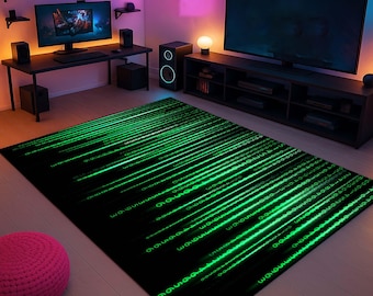 Matrix Teppich, Gamer Teppich, Neon Look Grün Matte, Sci Fi Dekor, Code Thema Teppich, Gaming Teppich, Coole Bodenkunst, Nerd Raum Teppich, Tech Style Matte