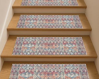 Boho Stair Tread Rug, Oriental Medallion Step Mat, Stair Carpet, Eclectic Style Stair Runner, Geometric Stair Rug, Colorful Bohemian Decor