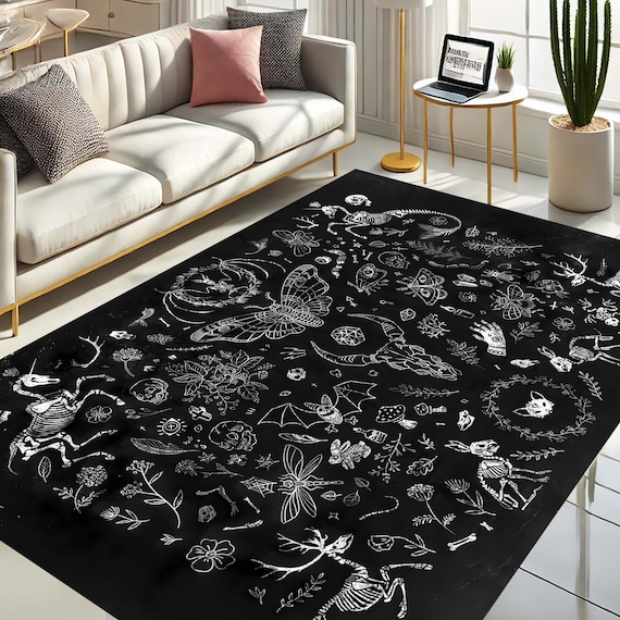 Gothic Rug, Skeleton Decor, Dark Aesthetic, Witchy Floor Mat, Occult Style Rug, Unique Home Decor, Celestial Design, Gothic Pattern Rug