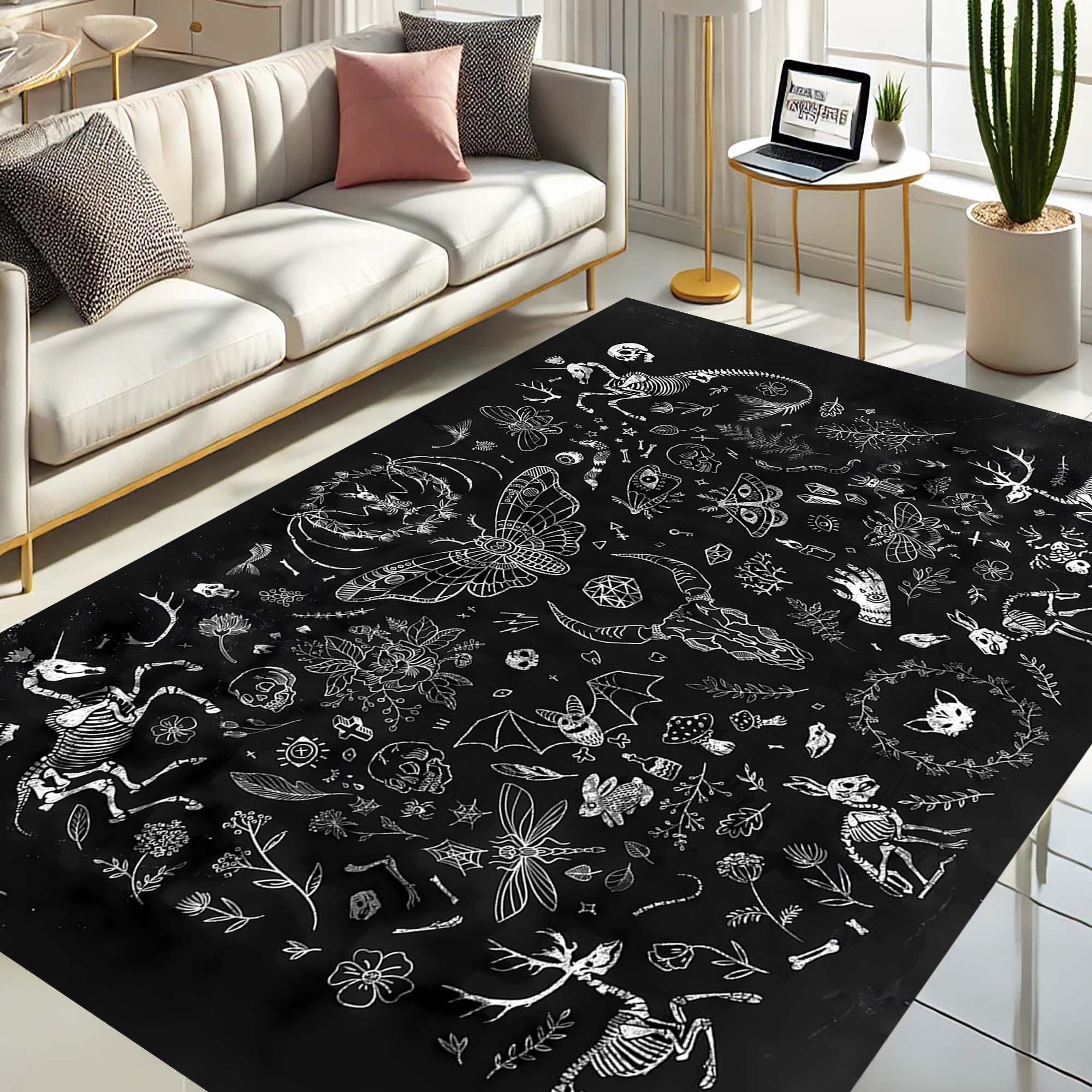 Hok Rug Skeleton Pattern Gothic Rug, Skeleton Decor, Dark Aesthetic, Witchy Floor Mat, Occult ...