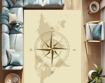 Kompass Rose Teppich, Weltkarte Design, Maritimer Wohnzimmer Teppich