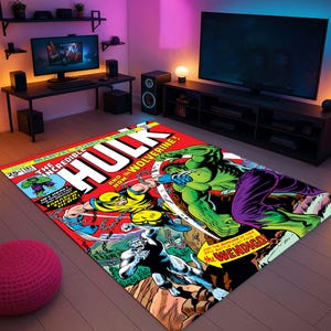 Tappeto in stile fumetto di Hulk, decorazione da supereroe, tappeto pop art, tappeto per la stanza d'azione, tappeto a tema eroe, regalo per la camera dei ragazzi, tappeto da pavimento a tema cartone animato, tappeto a tema combattente