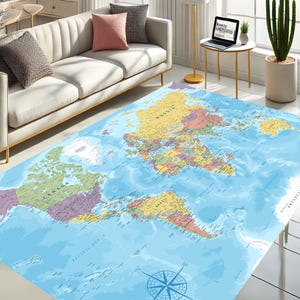 Alfombra con mapa del mundo, decoración educativa para sala de estar, perspectiva global única, diseño geográfico vibrante, alfombra educativa, alfombra para aula