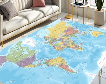 May include: A large, rectangular area rug featuring a detailed world map design. The rug displays continents in various colors against a blue ocean background. A compass rose is at the bottom. The rug is placed in a living room setting.