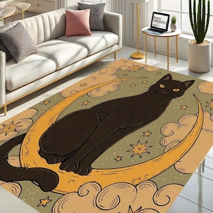 Black Cat Rug, Moon Cat Carpet, Witchy Room Decor, Celestial Floor Rug, Gothic Cat Mat, Mystical Star Rug, Occult Cat Decor, Star Moon Rug