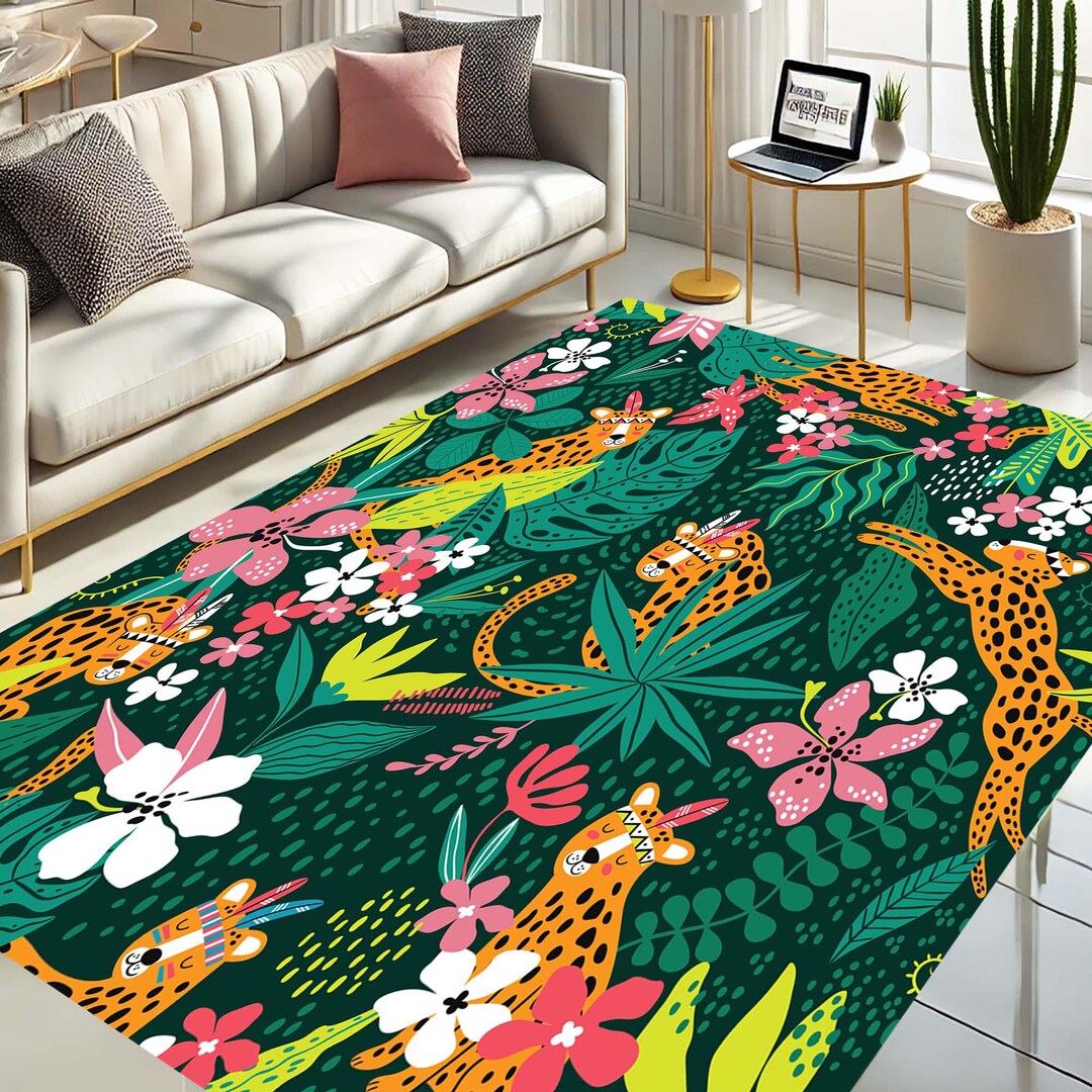 Tropical Jungle Rug, Leopard Colorful Mat, Floral Animal Rug, Wild ...