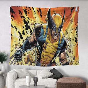 Puede incluir: Un personaje de cómic amarillo y azul con garras afiladas y una expresión feroz. El personaje está rodeado de un fondo amarillo y naranja con detalles en blanco y negro.