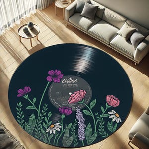 Record Retro Round Mat, Floral Music Boho Flower Rug, Music Lover Gift, Record Decor, Unique Music Rug, Artistic Floor Mat,Vintage Style Rug
