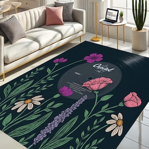 Record Rug, Retro Floor Mat, Music Lover Gift, Floral Music Rug, Aesthetic Decor, Turntable Carpet, Boho Style Rug,Record Colorful Music Rug