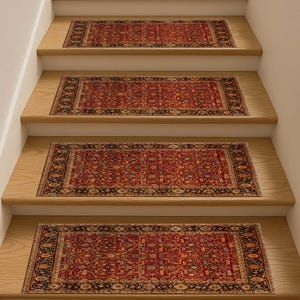 May include: Four red and black patterned stair treads with a floral design. The treads are made of a soft, plush material and are designed to prevent slipping on stairs.