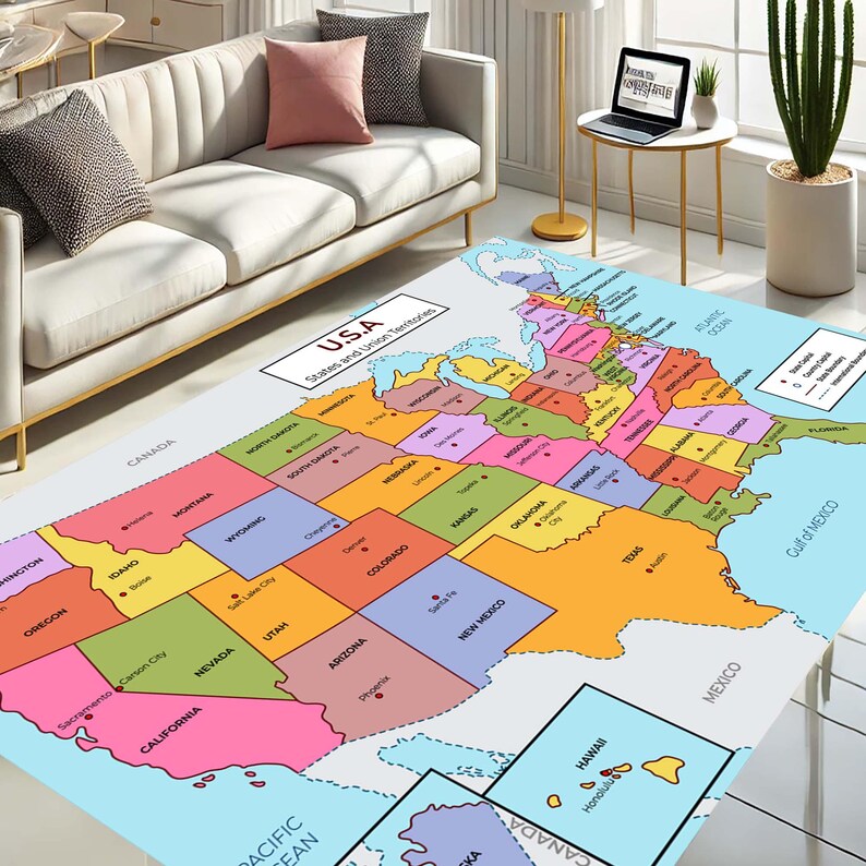 USA Map Rug Educational Rug Kids Learning Mat Geography Playroom 
