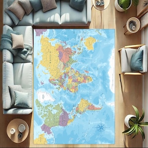 May include: A large rectangular rug featuring a world map design. The map is in shades of blue, green, yellow, and pink, with country names and a compass rose. The rug is placed on a wooden floor, surrounded by furniture.