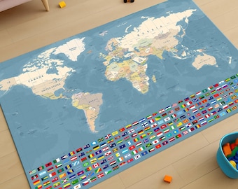 May include: A large world map rug with a blue background and a beige world map. The rug features a border of flags from countries around the world.