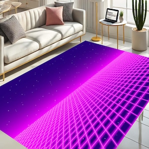 May include: A purple and pink area rug with a grid pattern of neon pink lines. The rug has a gradient effect, fading from dark purple to light pink. The grid pattern creates a 3D effect, as if the rug is a futuristic landscape.