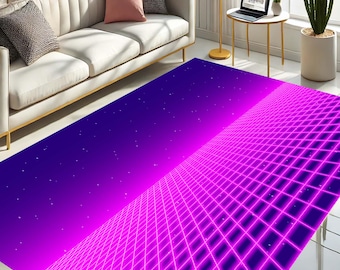 Tapete Retro Grid, Estética Neon Rosa e Roxo, Estilo Vaporwave Futurista dos anos 80, Decoração Única para Casa, Acento de Sala de Estar Inspirado em Ficção Científica