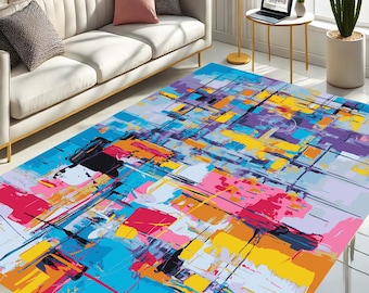 Tapete de arte abstrata, tapete colorido, tapete moderno para sala de estar, tapete de arte brilhante, tapete expressionista, decoração artística para casa, tapete criativo para sala de estar
