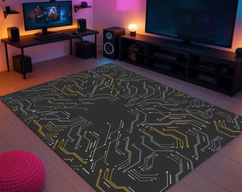 Tech Circuit Board Rug, Futuristic Digital Carpet, Geek Room