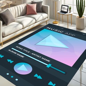 Op de afbeelding: Een donkerblauw tapijt met een gestileerde muziek-app-interface. De app heeft een grote blauwe en witte play-knop, een schuifregelaar en de tekst "MUSIC APP".