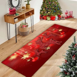 Alfombra navideña de pasillo, alfombra con diseño de renos, decoración navideña para recibidor, tapete festivo, alfombra de Papá Noel y renos, acogedora entrada navideña