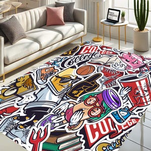 College Style Rug, Cartoon Pop Art Carpet, Teen Room Floor Mat, Urban Graffiti Decor, Cool Dorm Room Rug, Hip Hop Style Mat, Youthful Vibe