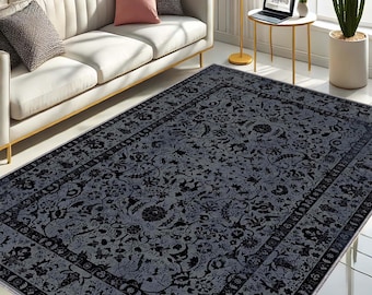Estilo vintage escuro, decoração clássica, tapete preto e cinza, tapete oriental, piso elegante, padrão antigo, sala de estar, interior boho