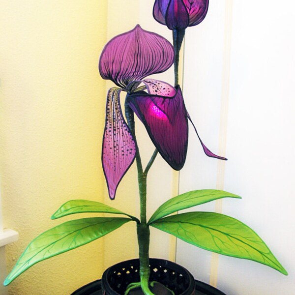 Lady Slipper Orchid Silk Sculpture Lamp