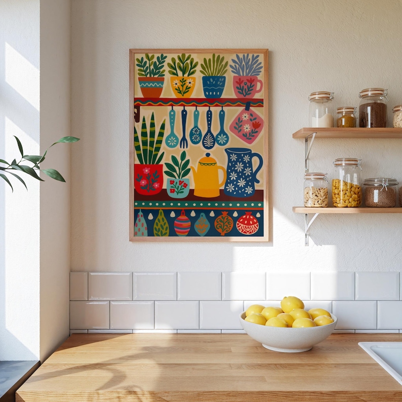 May include: A framed art print featuring a whimsical kitchen scene. The artwork showcases colorful potted plants, kitchen utensils, and decorative elements. The color palette includes shades of green, yellow, blue, and red, creating a cheerful and inviting aesthetic.