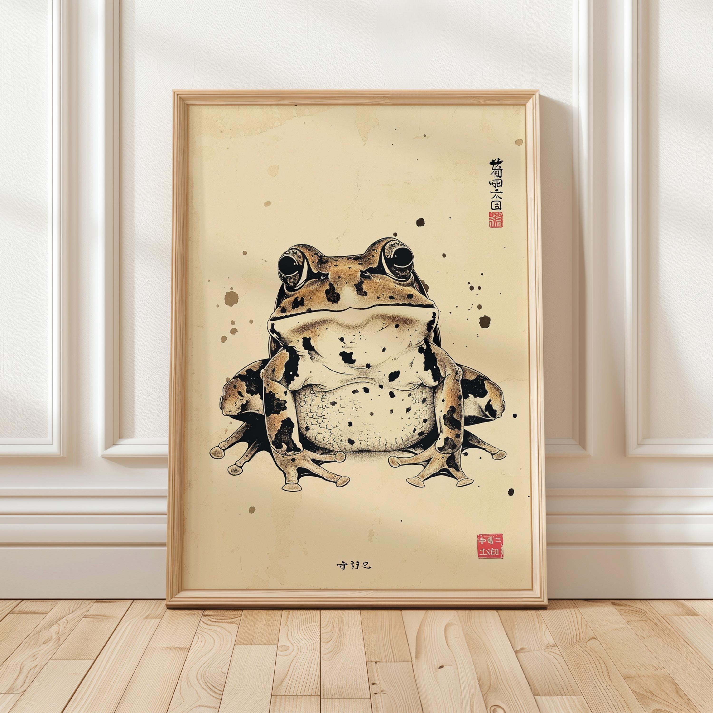 Vintage Japanese Frog Wall Art, Ukiyo-e Ink Wash Print | Zen Decor