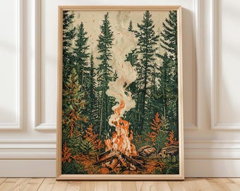 Forest Campfire Wall Art, Nature Poster Print, Woodland Landscape Art, Camping Decor, Rustic Cabin Wall Art, Wilderness Canvas