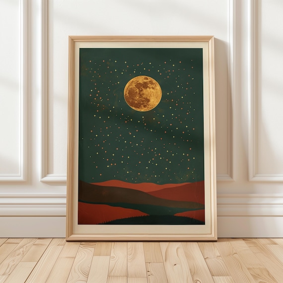 Full Moon Art, Retro 70s Style | Dark Teal & Orange | Abstract Celestial Print