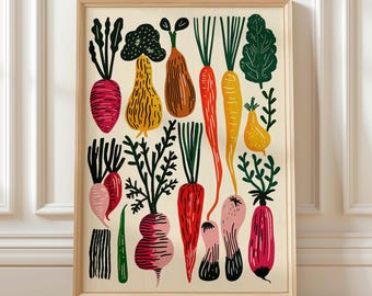 Colorful Vegetable Wall Art Print, Garden Vegetable Poster, Modern Kitchen Poster, Scandinavian Food Illustration, Farmhouse Kitchen Decor