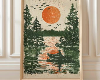 Canoe Linocut Print, Rustic Lake House Decor, Retro Pine Tree Poster, Woodblock Nature Art, Cabin Wall Art, Canoe Art, Hiker Gift